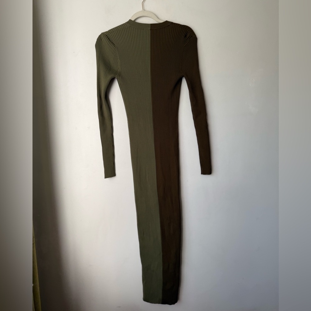STAUD Shoko Olive & Green Ribbed Long Sleeve Knit Sweater Midi Dress S - Picture 8 of 8